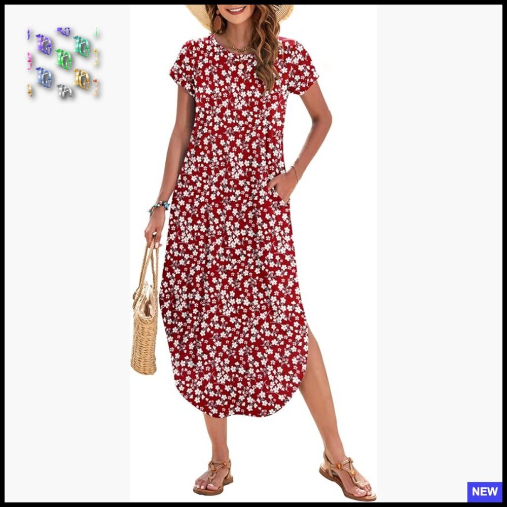 Casual Loose Maxi Dress Short Sleeve Split Side Boho Beach Sundress